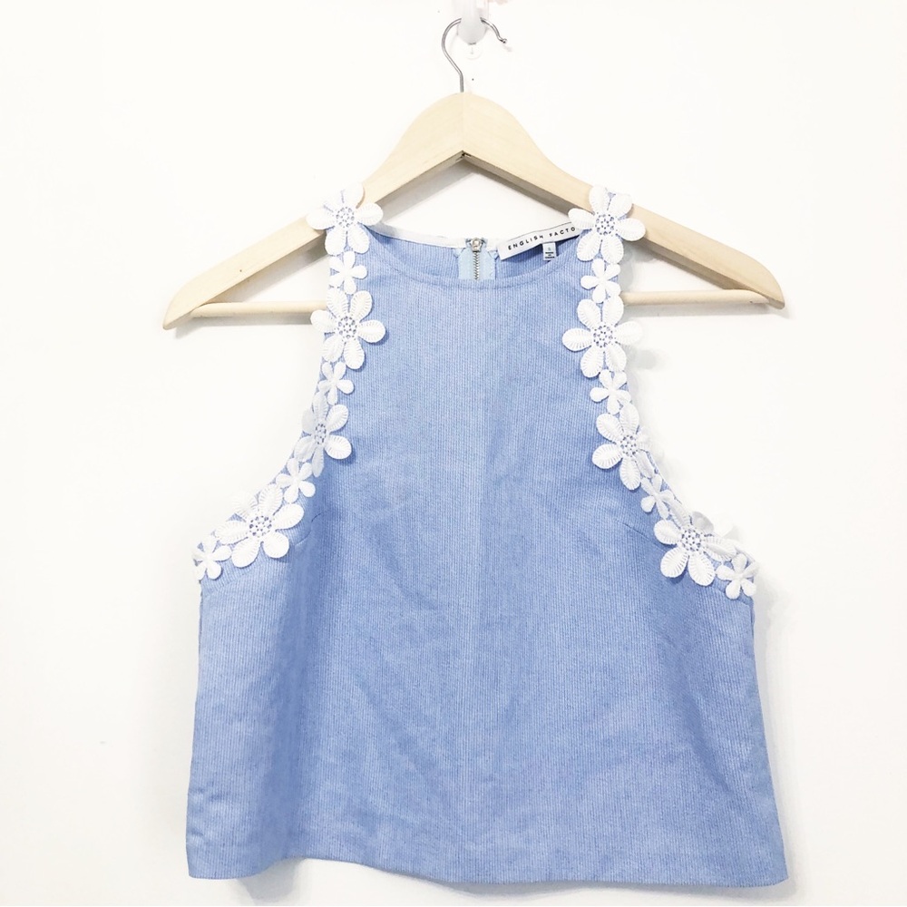 🖤ENGLISH FACTORY Blue Sleeveless Top with Floral Trim